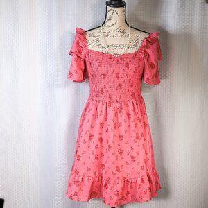 Byinns size M raspberry color floral ruched bodice flutter sleeve dress - NWT